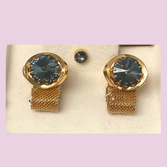 Smart Set-Golden and Blue Cufflinks and Tie Tack Set on Original Box - Picture 2 of 6